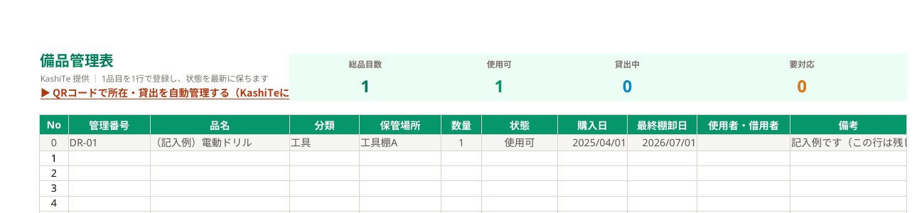 備品管理表テンプレートの画面。管理番号・品名・保管場所・数量・状態の列があり、状態で色分けされる
